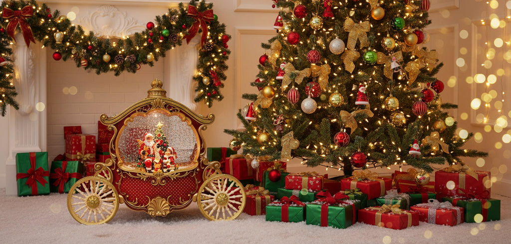 Decorative Christmas ornament shaped like a red carriage with gold accents.