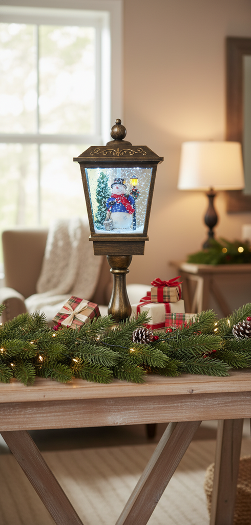 Decorative lamp with a snowman inside on a white background