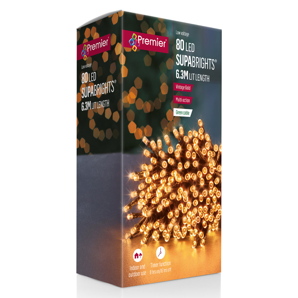 Box of Premier LED string lights with a blurred light display in the background