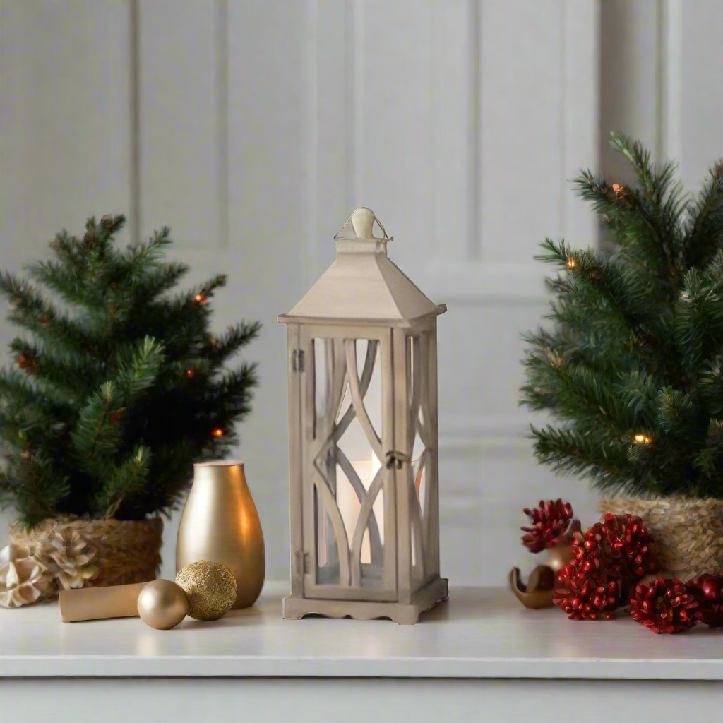 Wooden lantern with intricate design on a white background
