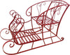 A red metal sleigh-shaped garden bench with ornate scrollwork and a slatted seat, shown on a plain white background.