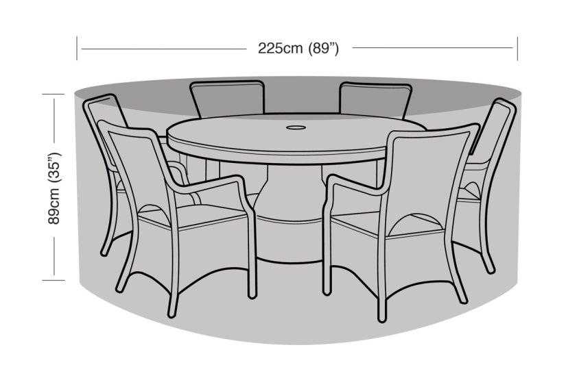 Diagram of a round dining table with six chairs, showing dimensions.