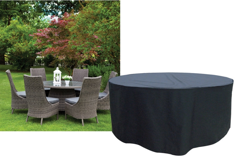 Round outdoor table with black cover and chairs on grass